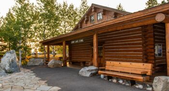 store building with bench outside