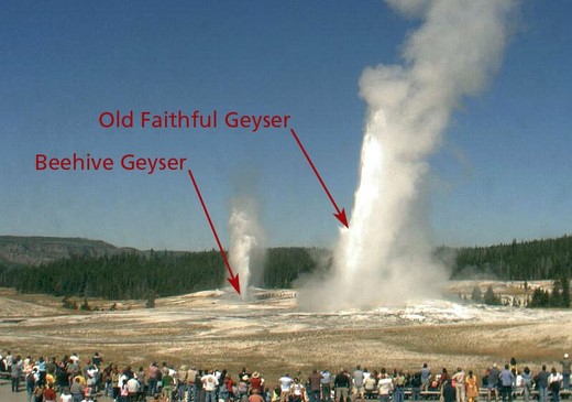 Old Faithful geyser and beehive geyser erupting at the same time