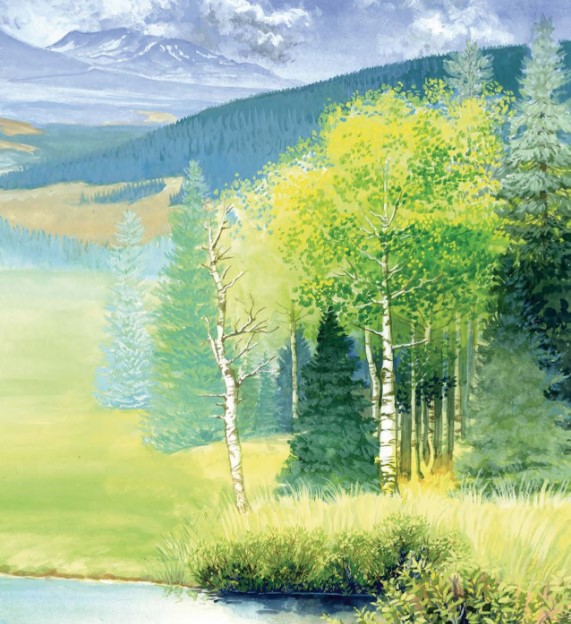 drawing of mountain trees and stream