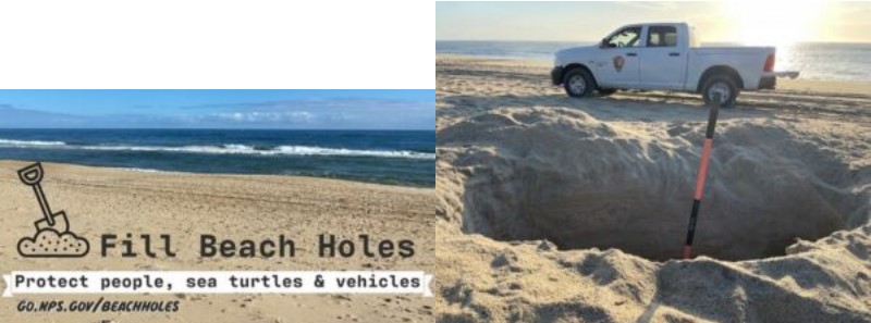 poster says fill beach holes, next to it a huge hole in sand