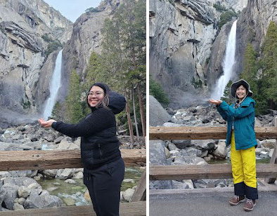 two women pretending to catch a waterfall by putting their hands below it in a photo