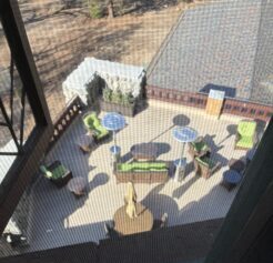 looking down on a large balcony