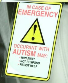 sticker in car window says in case of emergency occupant with autism may run away, not respond, resist help