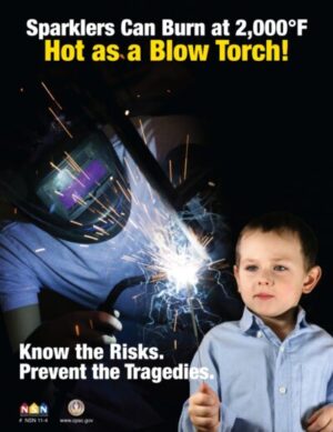 poster says sparklers can burn as hot as a blow torch
