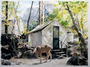 watercolor painting of tent cabin and deer