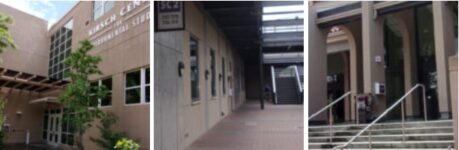 3 photos of building exteriors with AEDs mounted on wall