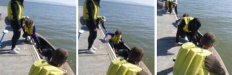 3 photos of climbing into a kayak from a dock