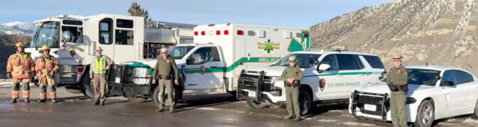fire truck, ambulance and Ranger vehicles parked in a row