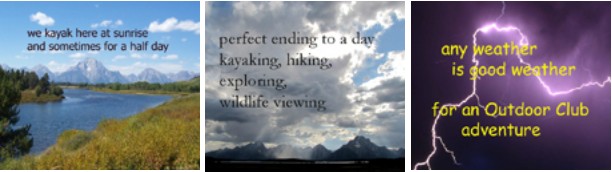 three photos showing club adventures including kayaking and interesting weather