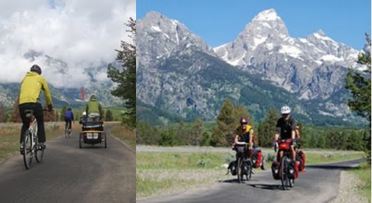 two photos of people riding bikes on a paved pathway