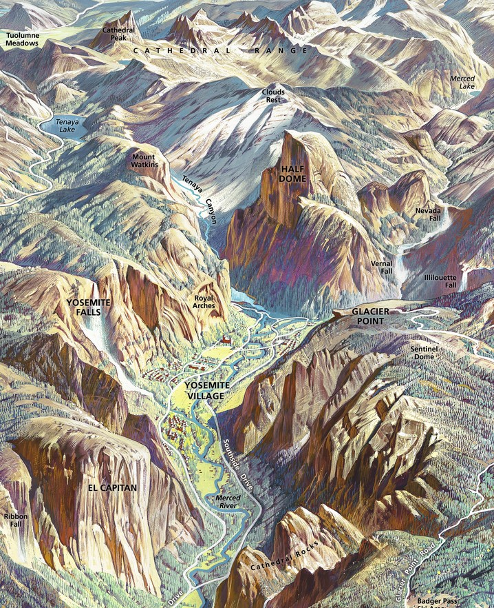 mountain peaks, river, lakes in Yosemite