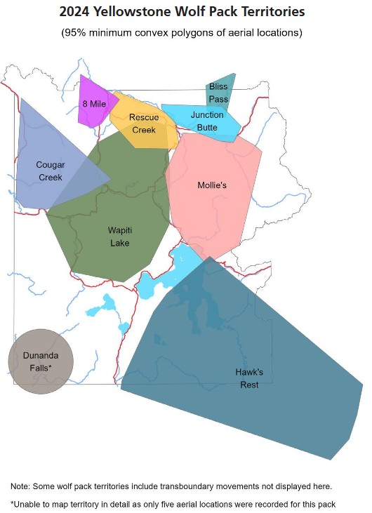 map of Yellowstone National Park wolf pack territories in 2024