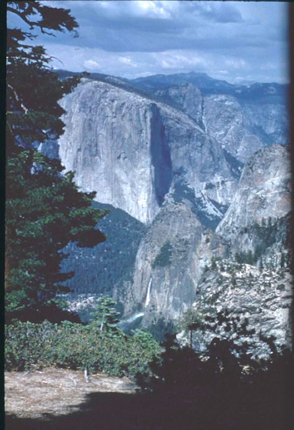 El Capitan and Bridalveil Falls as seen from a trail above them