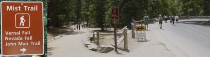 sign for Vernal Fall trail next to photo of trailhead