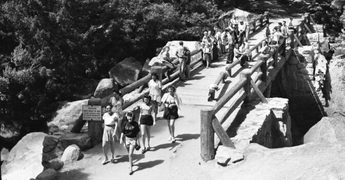 vernal fall footbridge with many people