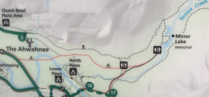 map showing roads and trails to Mirror Lake
