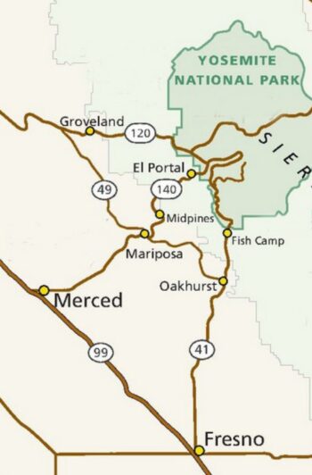 map of Yosemite with highways leading to it numbered