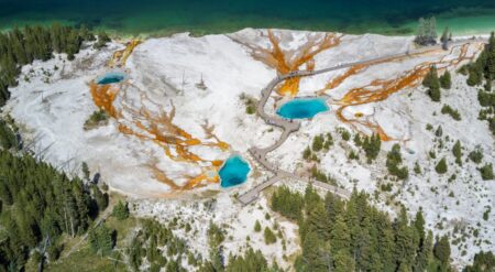 aerial view of geyser basin