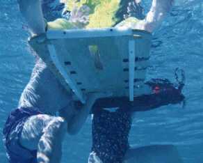 backboarding: This photo was taken by the instructor using an underwater camera from a position below a CJ spineboard during deep water spinal injury practice. Visible are a rescue tube at the head end of the board, the legs and torsos of two guard candidates treading water, and the practice victim's feet in the air above the board.